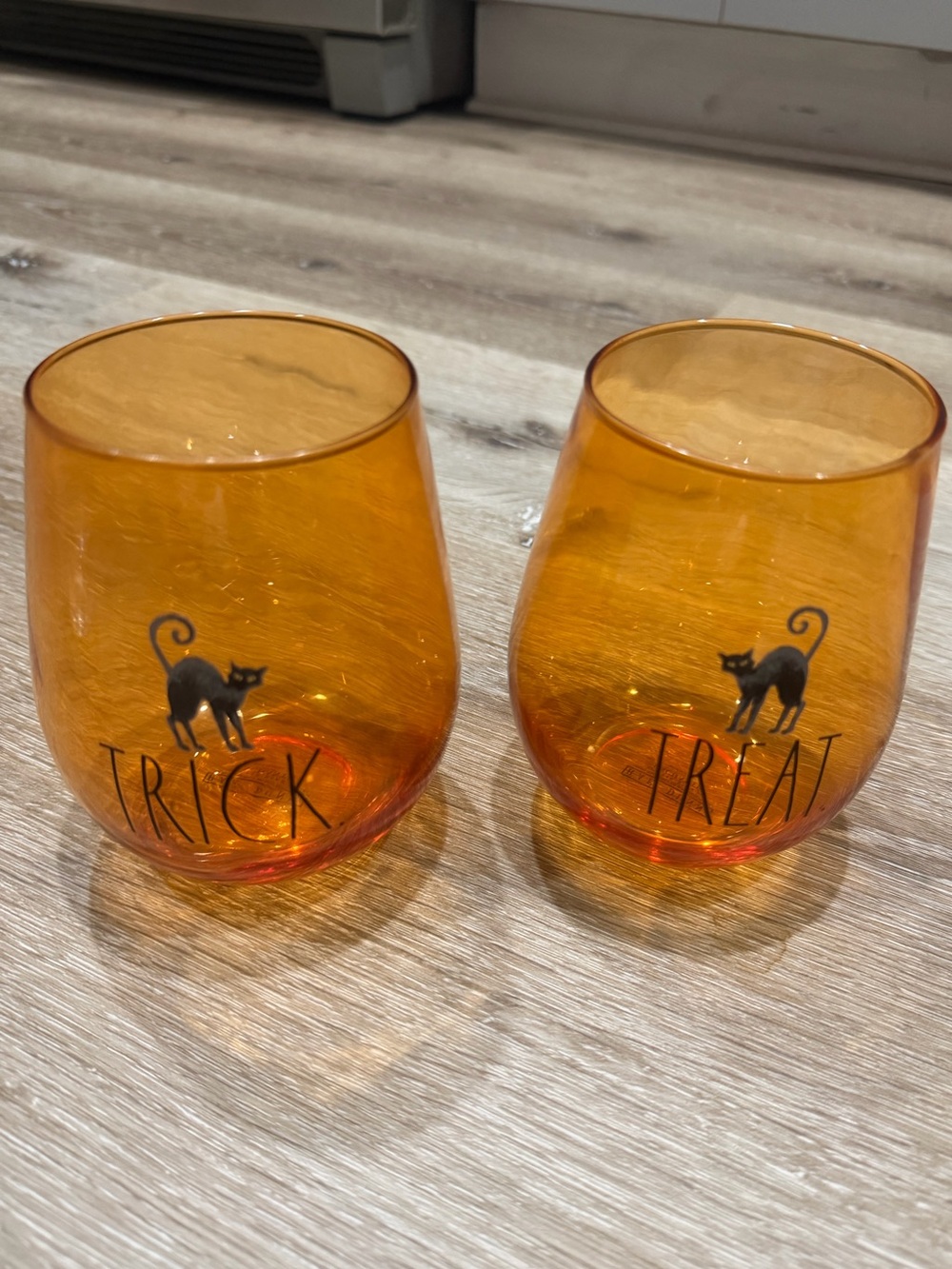 Rae Dunn Halloween "Trick" and "Treat" Orange Stemless Glasses - Set of 2